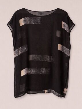 Eileen Fisher Silk Sheer Blouse Tunic Top XL Abstract Brushstroke Print